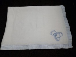 Vintage 100% Acrylic Fleece Baby Blanket White &amp; Blue Embroidered Teddy Bear EUC - £50.39 GBP