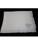 Vintage 100% Acrylic Fleece Baby Blanket White &amp; Blue Embroidered Teddy ... - £50.63 GBP