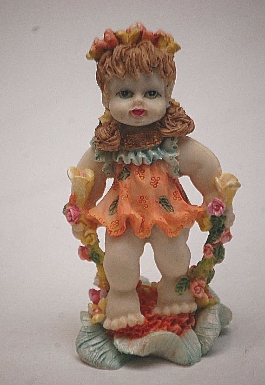 Flower Kid&#39;s Little Girl w Orange Dress Resin Figurine Shadow Box Shelf ... - $6.92
