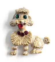 VTG Poodle Puppy Dog Green Eye Red Collar Gold Tone Enamel Pin Animal Jewelry - £7.56 GBP