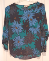 Ann Taylor Loft Blouse Womens M Blue Black Adjust Long Sleeve Shirt Flor... - £15.15 GBP