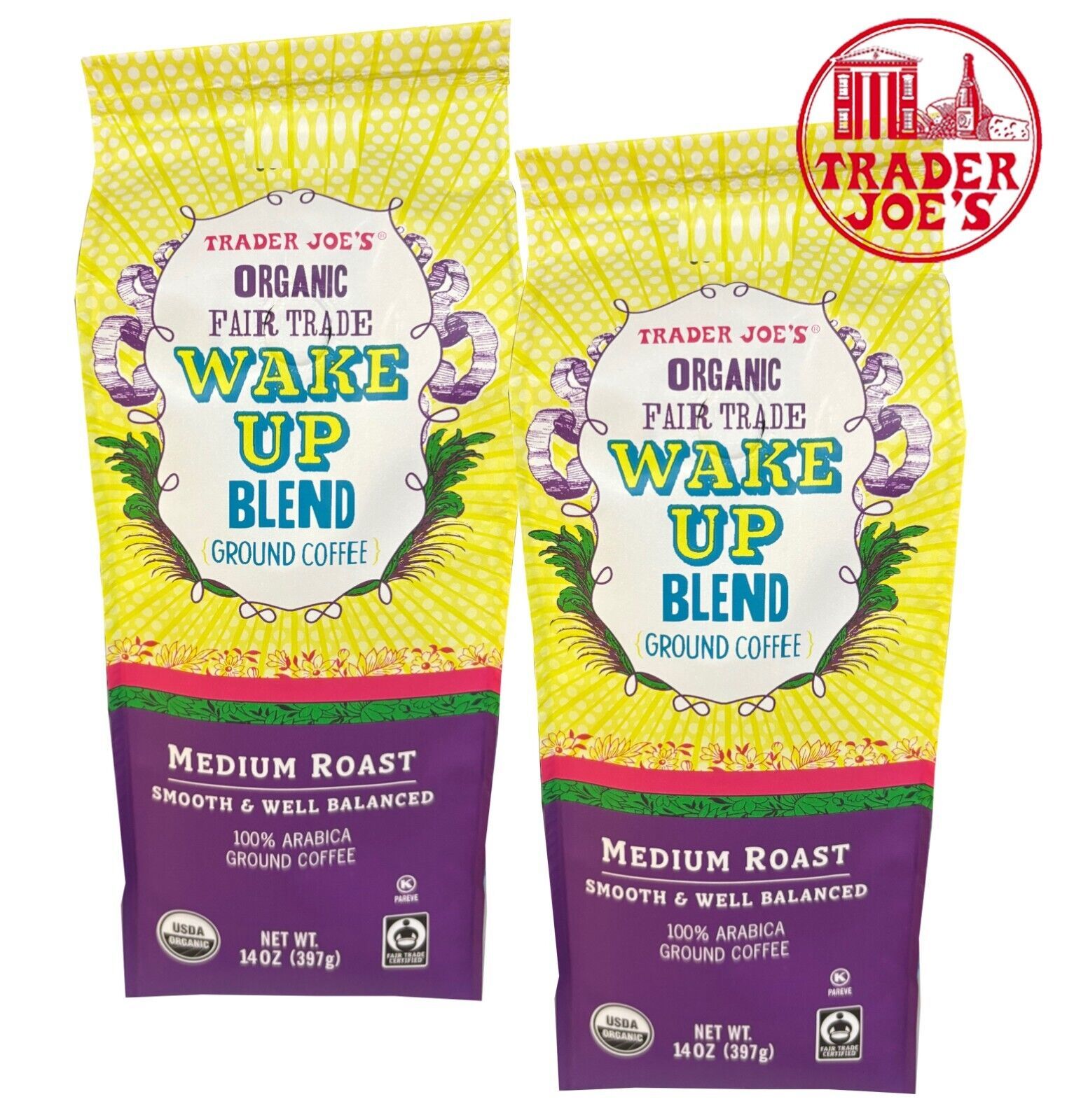 2 Packs Trader Joe&#39;s Organic Fair Trade Wake Blend Ground Coffee Medium ... - $29.45