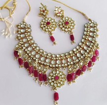 VeroniQ Trends-Bollywood Style Bridal Necklace in Handmade Kundan In Pink Leaf  - £256.80 GBP