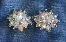 Iridescent Cut Glass &amp; Crystal Rhinestone Clip Earrings 1960s vintage 1  1/4&quot; - £10.18 GBP