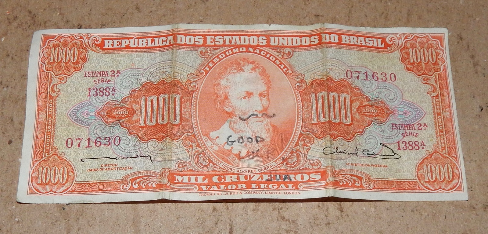 BRAZIL P-181 NOTE 1000 CRUZEIROS Brazil 1963 ESTAMPA 2A SERIAL 156K  - $29.99