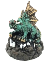 Medieval Green Mini Dragon Figurine Sitting on Crystal Rock - $11.19