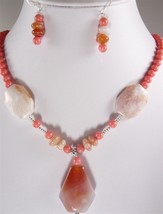 Noblest pink coral & agate necklace pendant earring set - $22.99