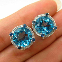 4Ct Round Cut Blue Topaz Halo Stud Earrings Omega Back 14K White Gold Finish - $112.49