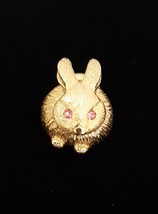 Vintage Gold Crown Stamped Bunny Rabbit With Pink Rhinestone Eyes Pin / Lapel - £8.09 GBP