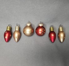 Mini Red &amp; Bronze Light Bulb &amp; Ball Glass Christmas Ornaments (6) Gold Glitter - £15.77 GBP