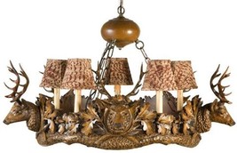 Chandelier Lodge 5 Small Stag Head Deer 5-Light Feather Pattern Shades Cast - £2,653.06 GBP