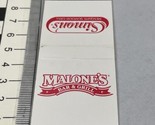 Vintage Matchbook Cover  Malone’s Bar &amp; Grill   Atlanta Airport  gmg  Un... - $12.38