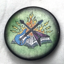 Christian Rock Electric Guitars Bible Flames Vintage Pin Pinback Button - $12.95