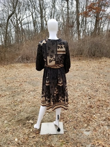 Vintage 1970s Fit & Flare black secretary Semi Sheer Leaf Print Midi Dress W28" Item image 3