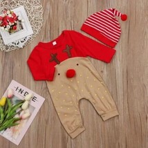 NEW Reindeer Baby Boys Girls Christmas Romper Jumpsuit &amp; Hat - £5.70 GBP