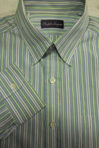 Ralph Lauren Purple Label Green and Blue Stripe Shirt Made in Italy 16.5x35 - £70.78 GBP