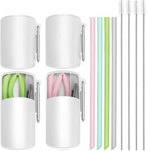 Collapsible Silicone Reusable Straws W Cases &amp; Cleaning Brushes  (4 Piece) NEW - £11.28 GBP