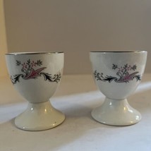 2 Vintage Porcelain Floral Egg Cups Made in England Mid Century Pink Black - $14.25