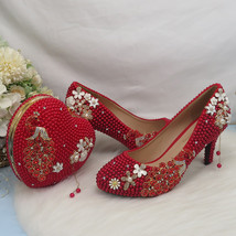 New Arrival Heart Red  Pointed Toe Bridal Shoes Wedding Shoes and bag Woman High - £165.32 GBP