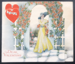 VTG Die Cut Dear Valentine Day Greeting Card Lady in Yellow Dress Garden Floral - £7.46 GBP