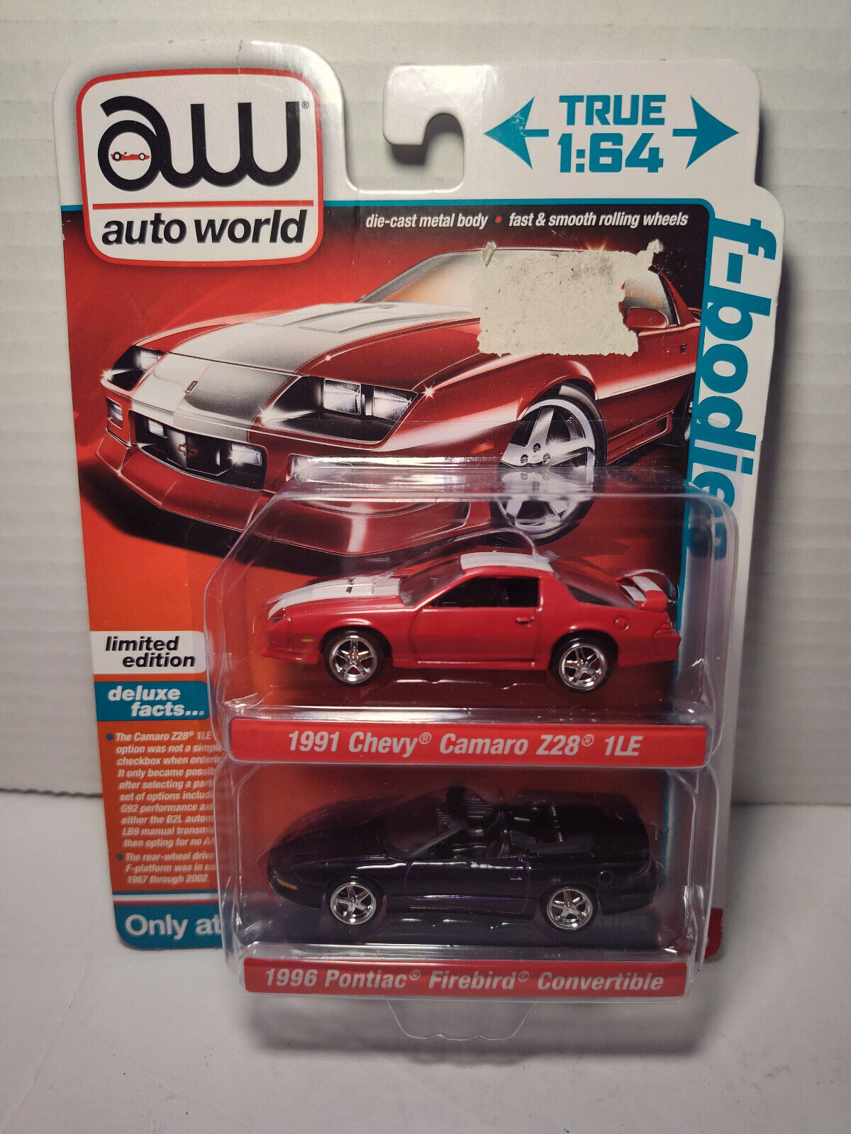 Auto World 1:64 2 Pack F-Bodies ‘91 Chevy Camaro &amp; ‘96 Pontiac Firebird ... - £7.50 GBP