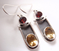 Faceted Citrine Garnet Oxidized 925 Sterling Silver Dangle Earrings - £16.29 GBP