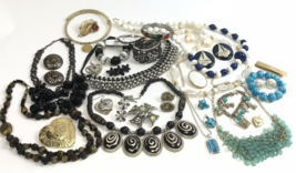 Costume Jewelry Lot Boho Vintage To Mod Rhinestone Locket Blacks Blues s... - £27.14 GBP