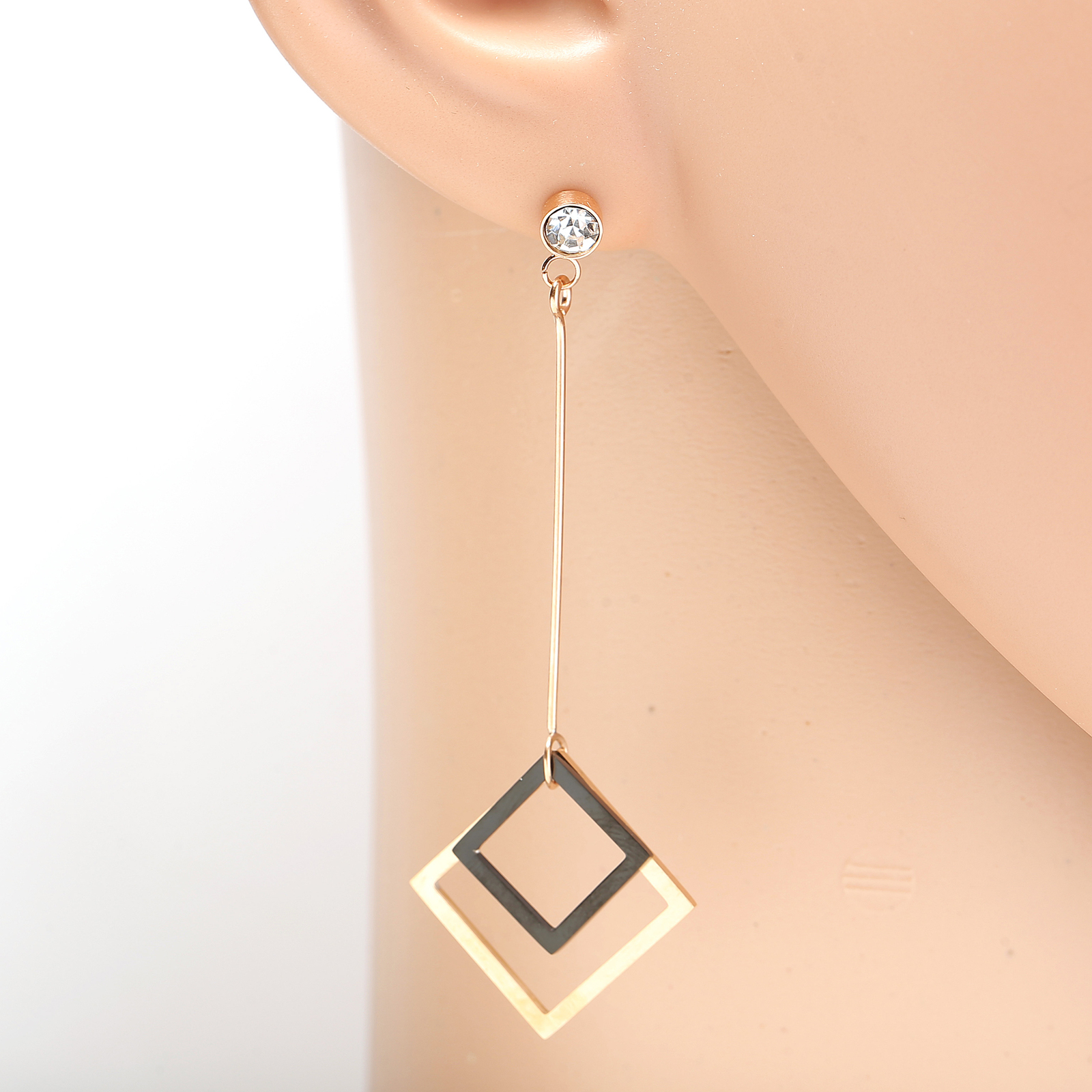 Dangling Rose Gold Tone Earrings, Sparkling Crystals & Jet Black Accent