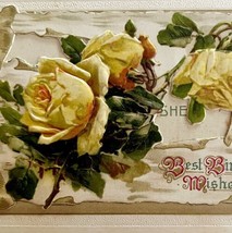 Best Birthday Wishes Greeting Card 1910s Ribbon Embossed Roses Germany PCBG3D - £23.56 GBP