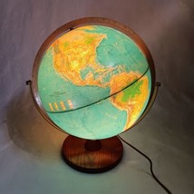 Replogle World Raised Relief Illuminated Globe 1980&#39;s 12&quot; Wooden Base - £36.94 GBP