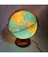 Replogle World Raised Relief Illuminated Globe 1980&#39;s 12&quot; Wooden Base - $46.95
