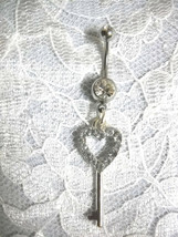 Big Beautiful Crystal Heart Topper Skeleton Key Charm Clear Cz Belly Button Ring - £4.78 GBP