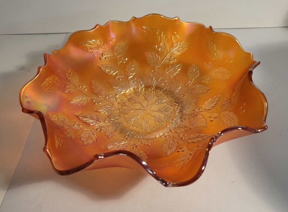 Fenton Marigold Amber Ruffled Top Bowl Holly Pattern Carnival Glass - $42.00