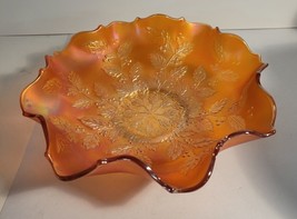 Fenton Marigold Amber Ruffled Top Bowl Holly Pattern Carnival Glass - $42.00