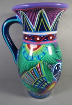 Talavera Pottery Pitcher Folk Art Bird Bright Colors Purple &amp; Green 8.5&quot;... - £26.16 GBP