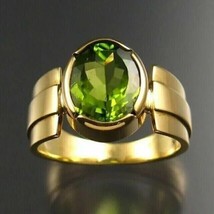 2.50Ct Oval Cut Lab Created Green Peridot Men&#39;s Band Ring 14k Yellow Gold Plated - £123.29 GBP