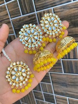 Gold Plated Kundan Tikka Tika Earrings Kundan Yellow Color Beads Jewelry Set - £23.04 GBP