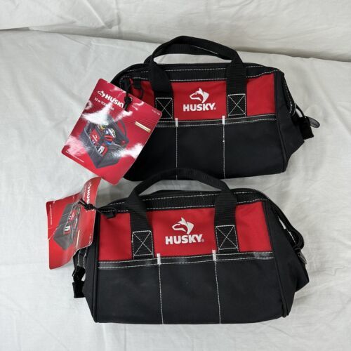 (2) Husky Brand 12” Inch Tool Bags Set Red & Black 3 External Pockets, Zippered - $38.60