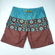 Freeworld Board Shorts Men 34 Green Brown Geometric Aztec Swim Trunks - £8.04 GBP