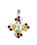 Vintage Cross Pendant 925 Sterling Silver Multi-Color Gemstone 1&quot; Colorful - €46,54 EUR