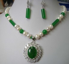 noblest white pearl & green jade necklace pendant earring set - £19.22 GBP