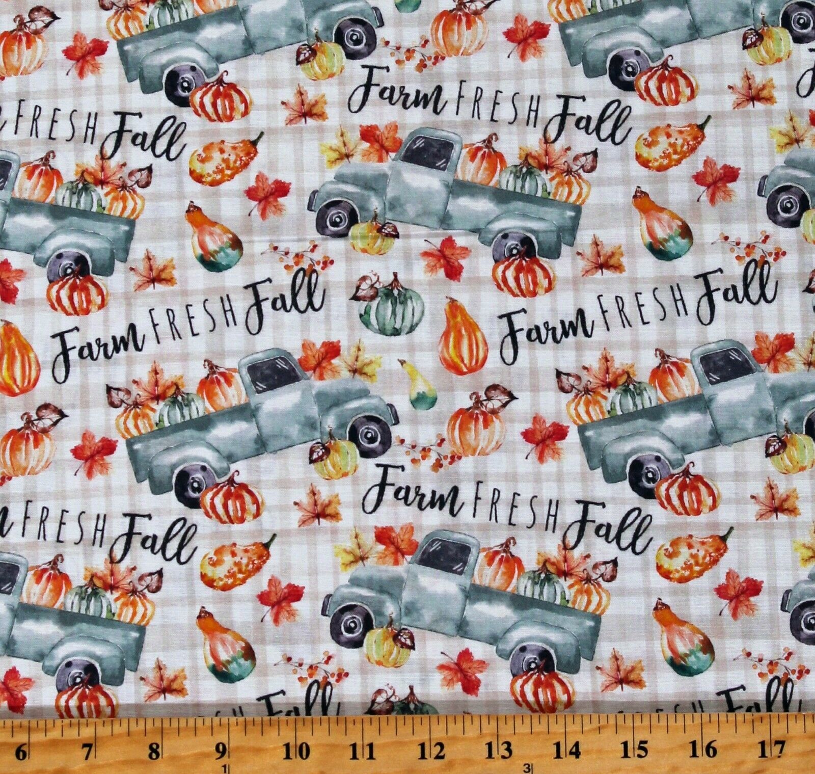 Primary image for Cotton Pumpkins Farm Fresh Fall Trucks Plaid Fabric Print by the Yard D514.50