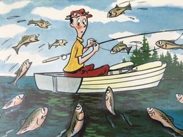 Fisherman in Boat Lots of Fish Postcard Vintage Cartoon Artist Ted Martine - $13.45