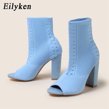 Spring Autumn Fashion Peep Toe  Knitted Stretch Fabric Socks Boots Women Square  - £42.55 GBP