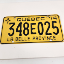 Quebec License Plate 1974 348E025 La Belle Province Yellow Black Expired Canada - £15.45 GBP