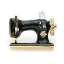 SEWING MACHINE BROOCH 1.4&quot; Gold Black Enamel Pin Rhinestone DIY Arts Cra... - $3.95