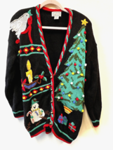 Ugly Christmas Sweater Tree Snowman Dove Candle 3d Bobbles Women SZ M Cotton Col - £19.38 GBP