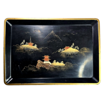 Lacquer Ware Asian Scene Tray Gold Frame Black Rectangular Platter Hand Painted - £28.85 GBP