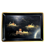 Lacquer Ware Asian Scene Tray Gold Frame Black Rectangular Platter Hand ... - $685.23 MXN