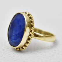 Natural Sapphire Ring-Sapphire Gold Plated Ring-925 Sterling Silver Ring-Wide Sa - £30.76 GBP